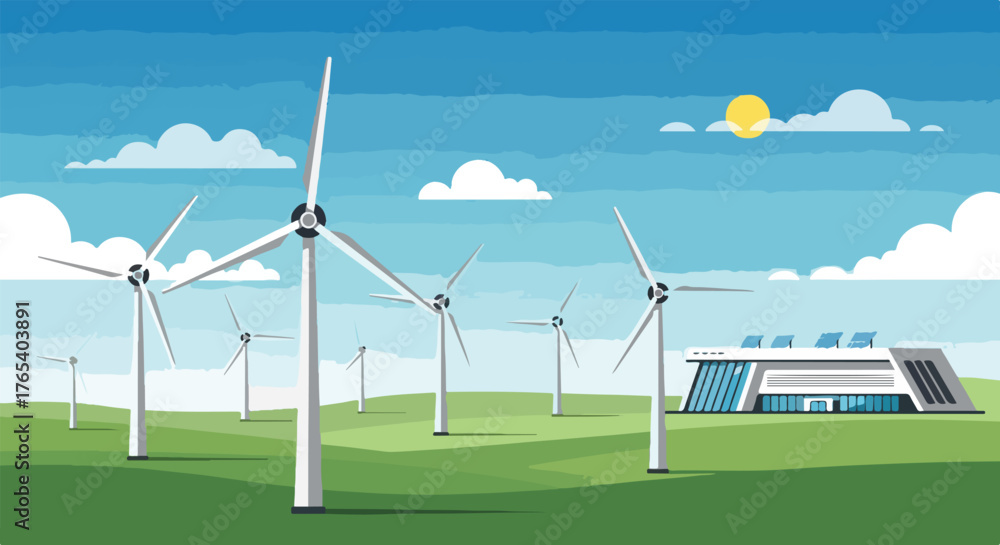 Obraz premium Wind Power Plant Vector – Wind Farm Renewable Energy and Green Technology Illustration - Wind Turbine Vector – Clean Energy and Sustainable Power Concept 