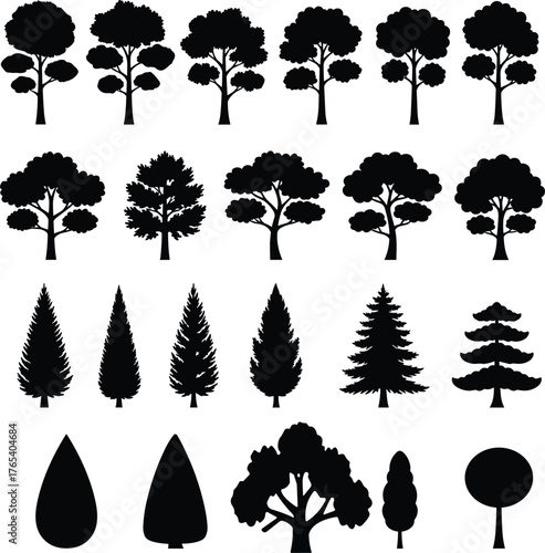 Tree silhouette collection, mixed forest icon set, black vector trees, conifer and deciduous shapes, stylized botanical graphics, nature design pack, foliage illustration grid