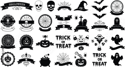 Halloween black silhouette vector set with skulls, pumpkins, ghosts, bats, spider webs, witch hats, gravestones, trick or treat labels, spooky icons, decorations