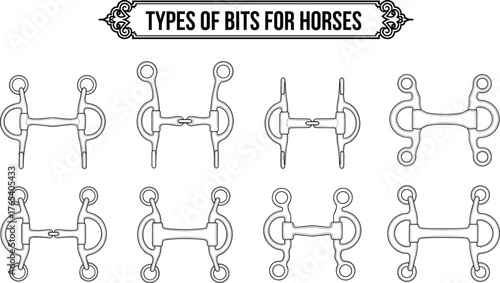Horse bit silhouette vector set, black and white equestrian equipment icons, editable illustration for riding, training, tack, veterinary, farm design