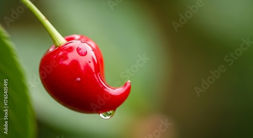 Close up of a single ripe red cherry with water droplets hanging from it.