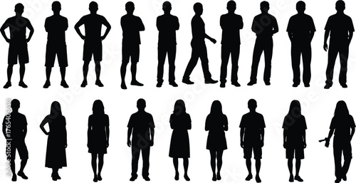 Human silhouette vector set, standing pose icons, black figure illustrations for posture study, body language design, generic character graphic bundle