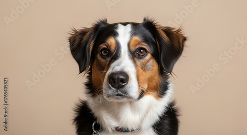 Close-up Portrait of an Adorable Australian Shepherd Dog Looking Directly at the Camera.
