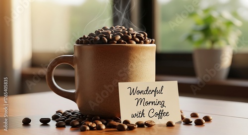 Coffee Beans Overflowing from Mug with Morning Greeting.