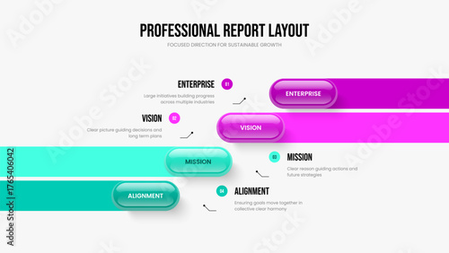 Corporate Visualization Four Option Infographic Slideshow Layout. Marketing Launch 4 Element Diagram Slide Design. Company Briefing Frame Template Vector Illustration.