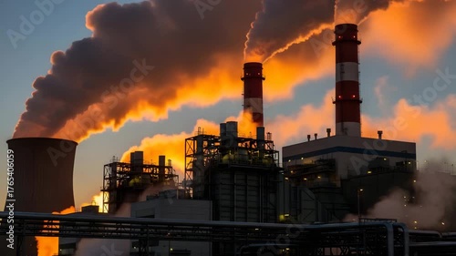 Industrial complex silhouette against colorful sky smoke emission