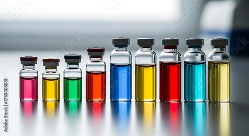 Colorful vials of liquid arranged in a row, showcasing science and medicine.