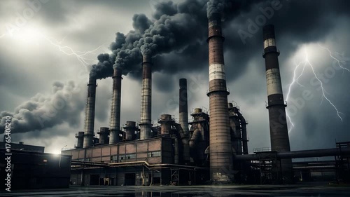 Industrial landscape dramatic sky smoke stacks pollution environment