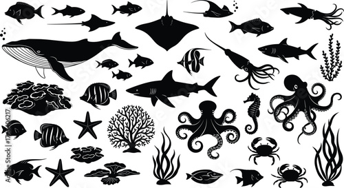 Marine life silhouette set, black and white vector illustration, ocean animal icons, underwater ecosystem elements, sea creature design, isolated graphic collection