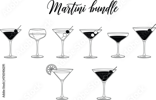 Martini glass vector set, cocktail drink illustration, bar garnish collection, stylish alcohol icons, mixology design elements for beverage branding, nightlife graphics