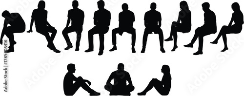 Silhouettes of diverse, relaxed people sitting on edges, benches, and the ground, men and women in various casual postures,
