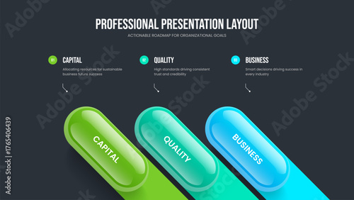 Sales Planning 3 Step Diagram Frame Layout. Professional Insight Slide Design Vector Illustration. Investor Performance Three Element Infographic Presentation Template.