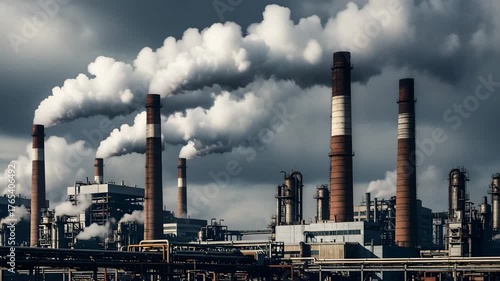 Industrial landscape with smokestacks emitting plumes against cloudy sky