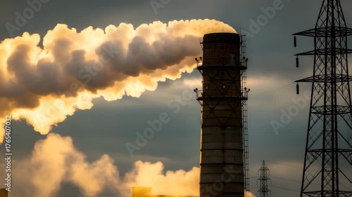 Industrial smoke stack releasing emissions against cloudy sky