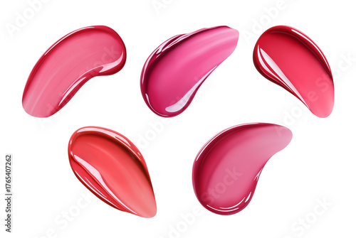 Set of classic swatches of liquid lipstick or lip gloss, burgundy shades. Close-up of creamy texture. Isolated element with clear even edge on transparent background
