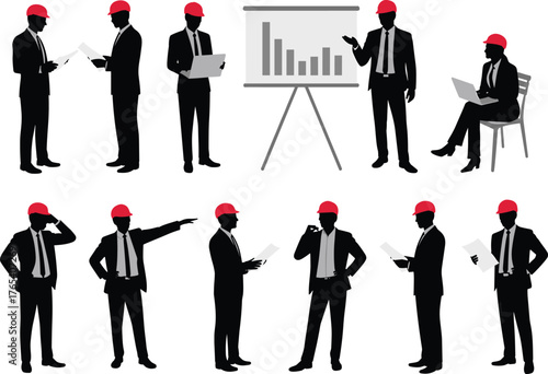 Silhouettes of professional engineers and architects wearing red hard hats, standing, presenting, and planning with laptops and papers,