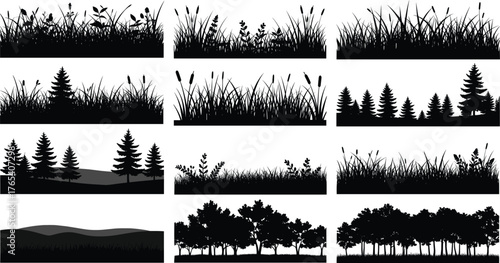 Nature landscape silhouette vector set, grass and tree illustrations, forest scene elements, black outdoor design assets, printable environment graphics, minimal style