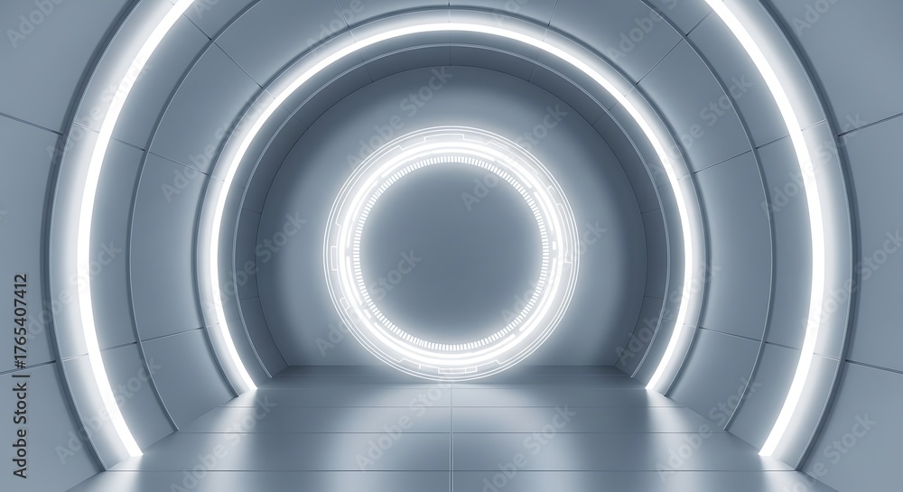 Fototapeta premium Futuristic Sci-Fi Tunnel with Glowing White Neon Rings.