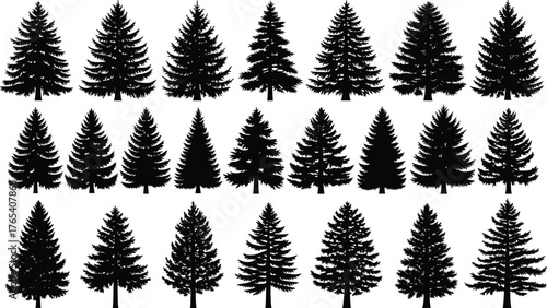 Pine tree silhouette vector set, black forest icons, stylized evergreen shapes, nature graphic elements for seasonal design, landscape illustration bundle