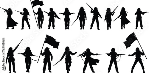 Revolutionary silhouette vector set, black and white action poses, weapon and flag icons, editable illustration for protest, battle, historical concept