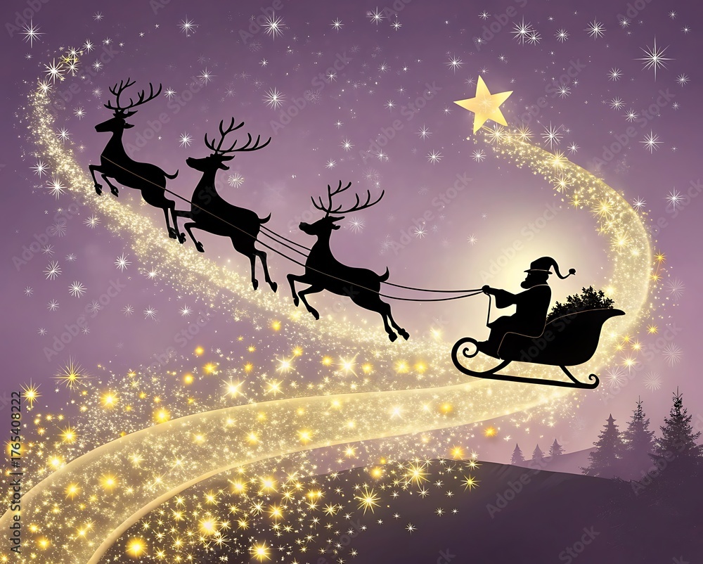 Naklejka premium Santa claus and his reindeer flying through a starry night sky