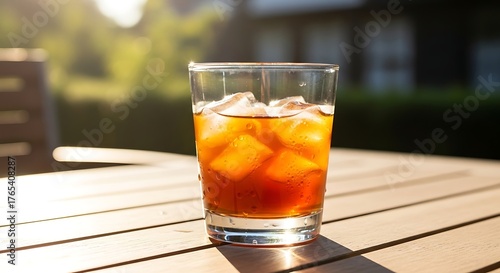 Refreshing glass of iced tea on a wooden table outdoors in the summer sun.