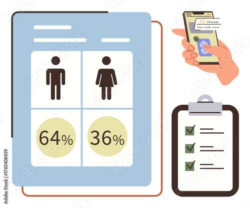 Male and female data statistics chart, hand with phone for authentication, clipboard checklist. Ideal for data analysis, security, surveys, gender studies, organization, research simple flat