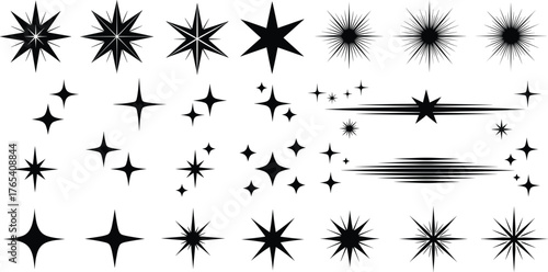 Starburst and sparkle vector set, black radiant icon collection, decorative light graphics, magical glow elements, printable shine assets, minimal style