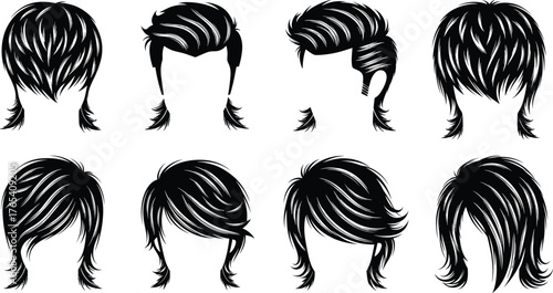 Stylized female hairstyle vector set, modern haircut illustration, black and white hair design, fashion sketch, beauty salon concept, editable artwork