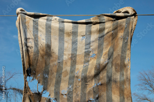 A dirty, torn rag hanging on a string. In the background, a blue sky and trees.