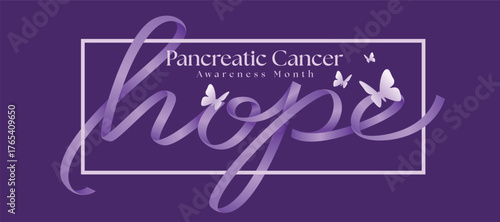 Pancreatic cancer awareness month - Long purple ribbon roll waving to hope text and butterfly around in line frame dark purple background vector design