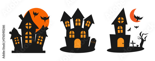A set of Halloween haunted house silhouettes. Spooky vector illustrations of a dark castle with bats, a full moon, a crescent moon, bones, tree, bat window and a tombstone. Isolated scary house icons.