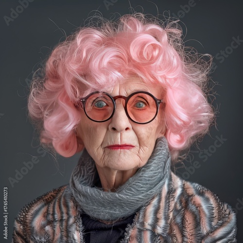 A fashionable old woman with pink hair.