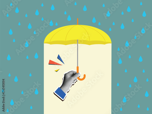 Hand holding opened yellow umbrella protecting from falling raindrops. Modern collage style. Vector illustration