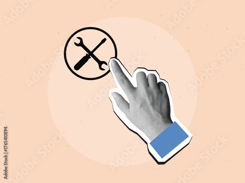 Black and white hand clicks on a service icon with a crossed wrench and screwdriver. Modern collage style. Vector illustration