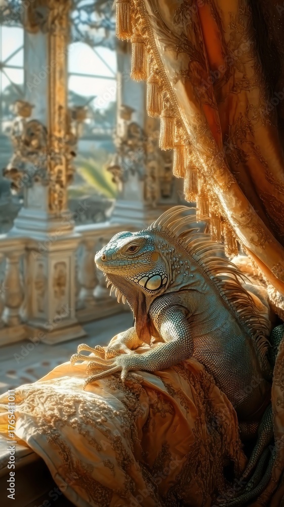 Fototapeta premium An iguana in an opulent setting, surrounded by luxurious curtains and elegant decor elements.