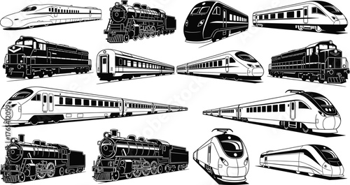 Train silhouette vector set, black and white locomotive icons, editable illustration for transport, railway, travel, steam engine, modern train design