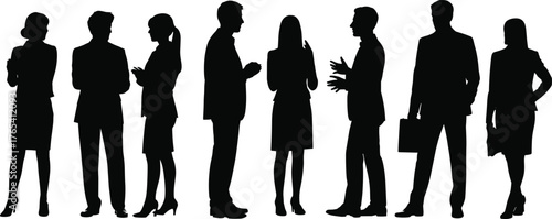 Silhouettes of diverse, modern business people, men and women in various professional poses, standing and interacting, for corporate and office design visualizations,