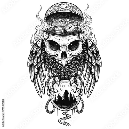 Owl Skull Chain Wing City Abstract Goth Tattoo Design