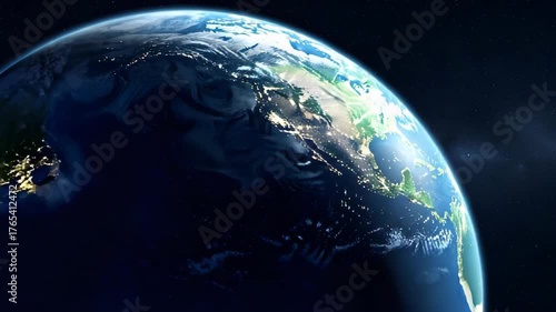 Rotating earth in space blue planet globe with continents and atmosphere