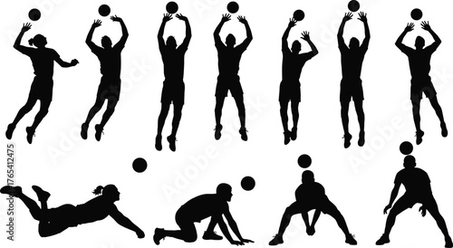 Volleyball player silhouette vector set, black and white action poses, editable sport illustration, dynamic movement icons for fitness and training design