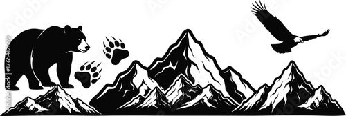 Wildlife nature vector scene, bear and eagle silhouettes, mountain landscape illustration, outdoor adventure design, black graphic elements, printable wilderness art