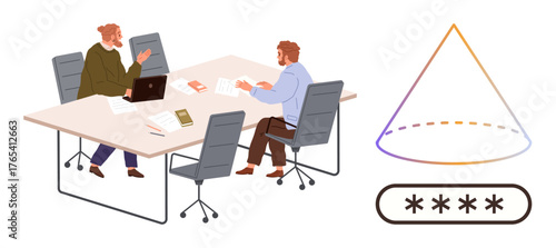 Two men sitting at a table analyzing documents and laptop screen. Abstract cone shape and password asterisks represent cybersecurity, data protection, access control. Ideal for teamwork, office work