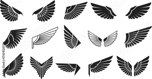 Wing icon set, black vector illustration, bird and angel wing designs, abstract feather shapes, tattoo inspiration, graphic elements, minimal style, isolated art