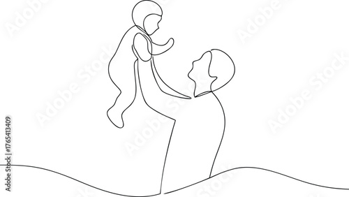 Father lifting baby in continuous line art child holding