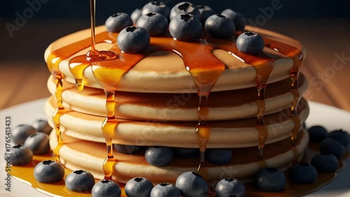 Stack of golden pancakes with syrup and berries on a white plate