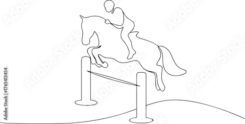 Horse and rider jumping over obstacle line drawing