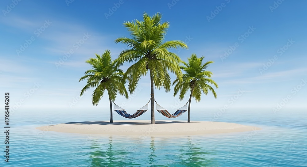 Fototapeta premium Tropical Island Paradise with Palm Trees and Hammocks.