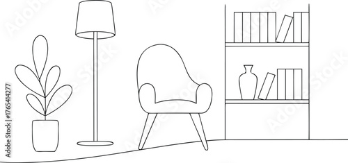 Minimalist line art of a living room scene illustration