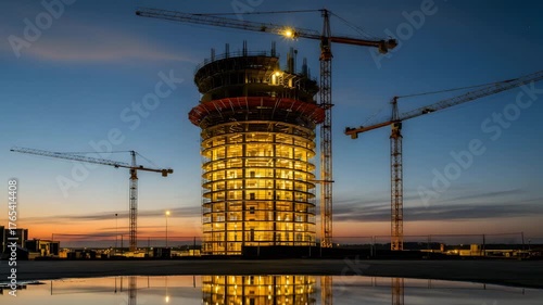 Tower silhouette at sunset with water reflection and power lines